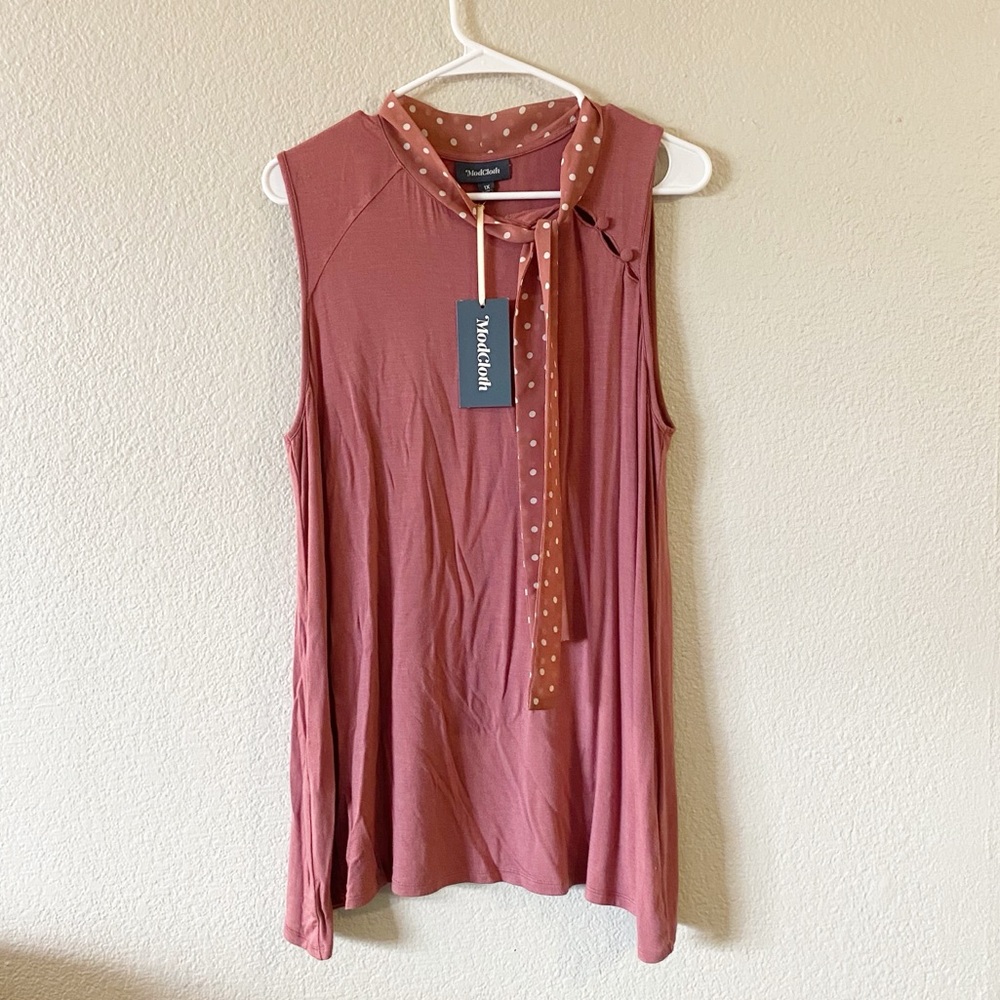 ModCloth Dusty Rose Sleeveless Tie-Neck Polka Dot Trim Top